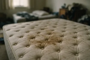 Gros plan d'un matelas avec des taches visibles, éclairage naturel.