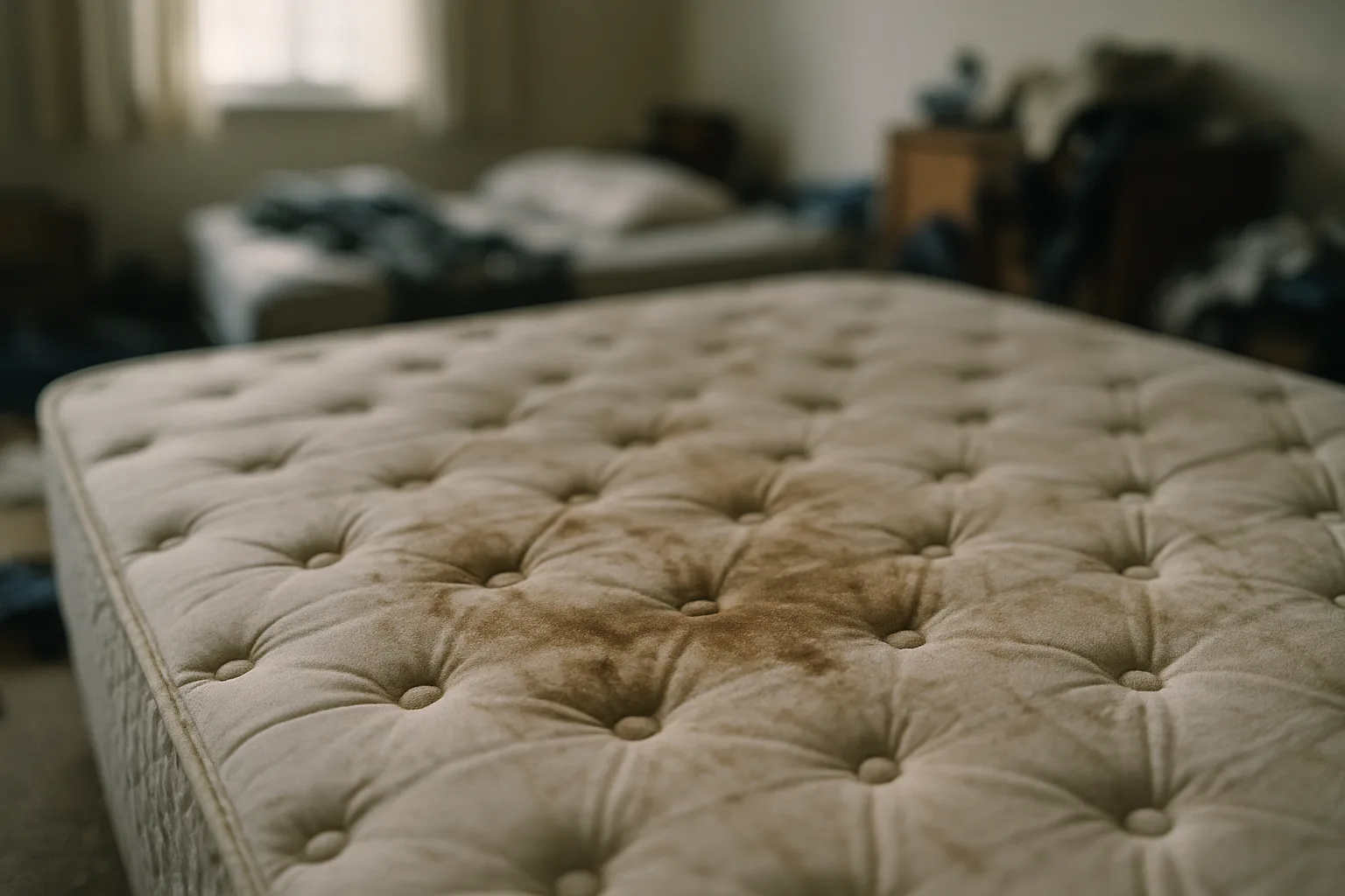 Gros plan d'un matelas avec des taches visibles, éclairage naturel.