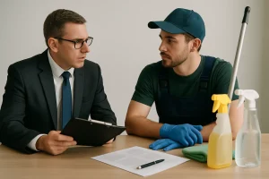 Huissier et nettoyeur discutant, table avec documents et équipements de nettoyage visibles.