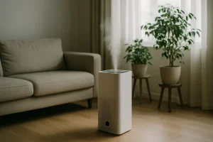 Purificateur d'air fonctionnant dans une pièce lumineuse avec des plantes en arrière-plan.