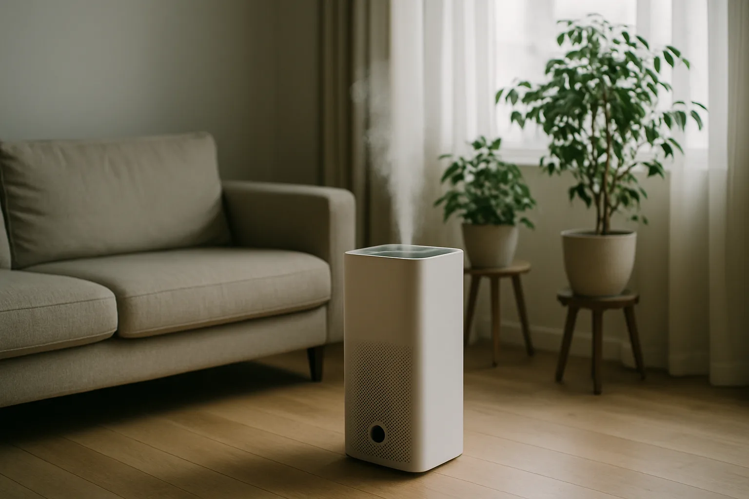 Purificateur d'air fonctionnant dans une pièce lumineuse avec des plantes en arrière-plan.