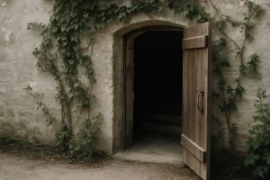 Entrée d'une cave avec une porte en bois entrouverte, lumière du jour