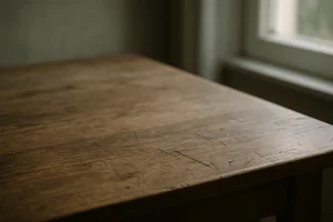 Table en bois usée avec éraflures visible en gros plan, éclairage naturel.