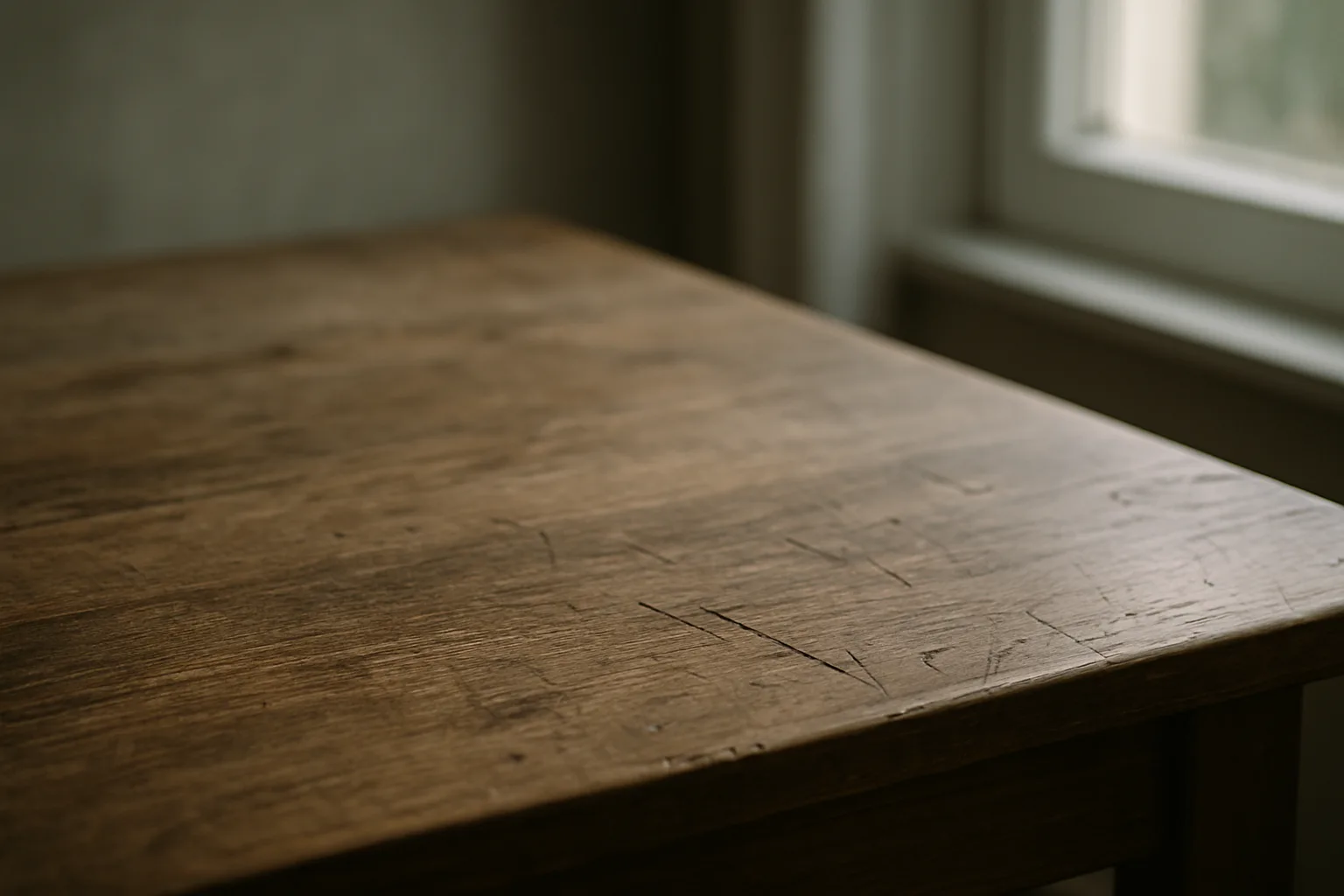 Table en bois usée avec éraflures visible en gros plan, éclairage naturel.