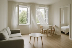 Appartement lumineux avec fenêtres ouvertes, rideaux flottant légèrement, lumière douce