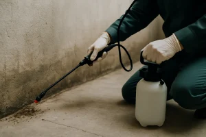 Mains gantées utilisant un pulvérisateur pour éliminer les nuisibles après squat