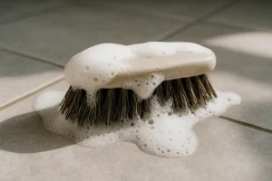 Gros plan d'une brosse à récurer avec mousse, sur un carrelage, lumière naturelle