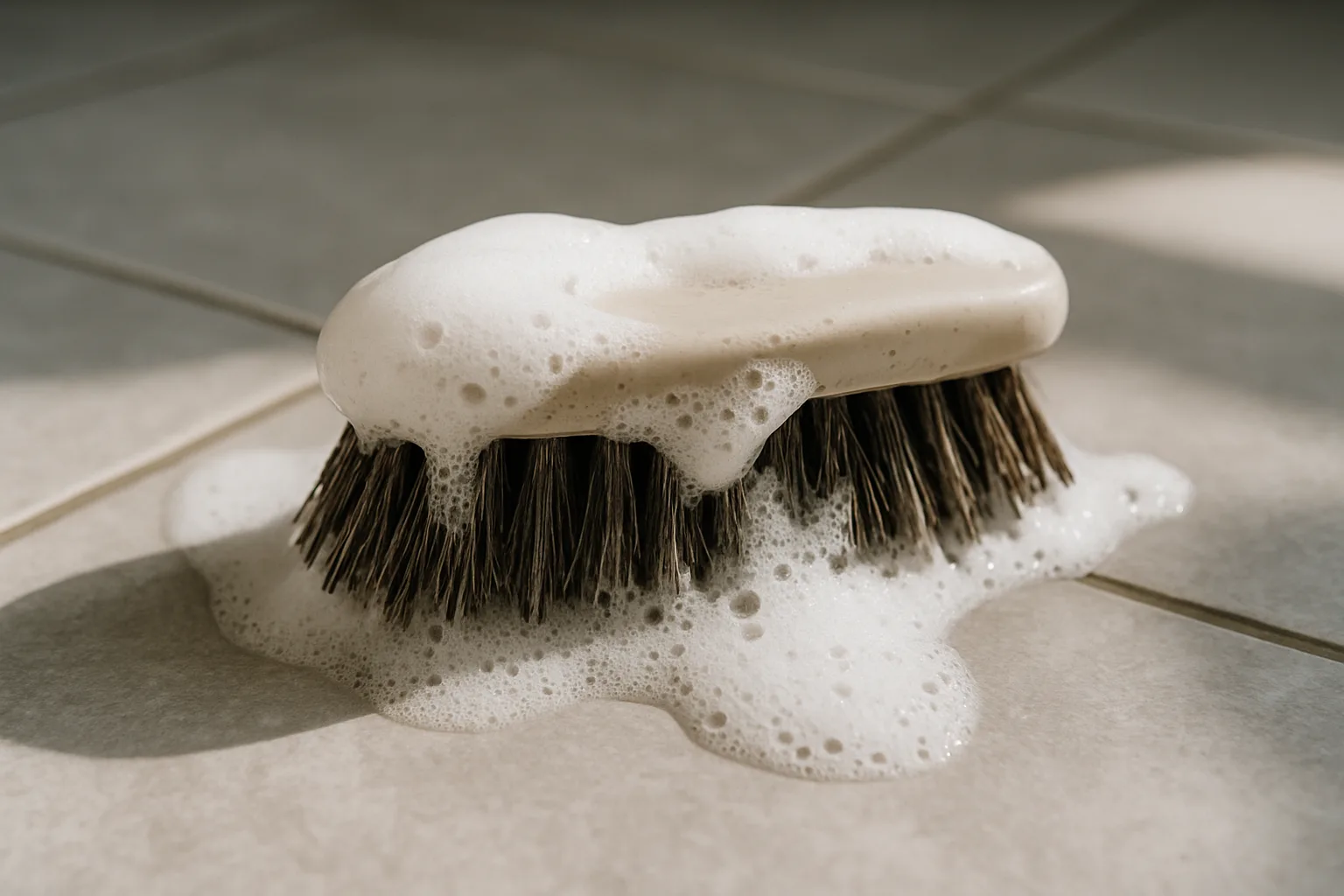 Gros plan d'une brosse à récurer avec mousse, sur un carrelage, lumière naturelle