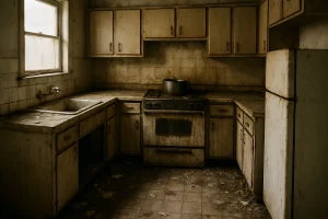 Cuisine en désordre avec débris au sol et surfaces graisseuses.