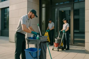 Équipe de nettoyage en uniforme devant un bâtiment moderne, préparant des équipements