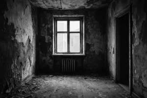 Apparence intérieure d'un appartement abandonné en noir et blanc, montrant des dégâts visibles