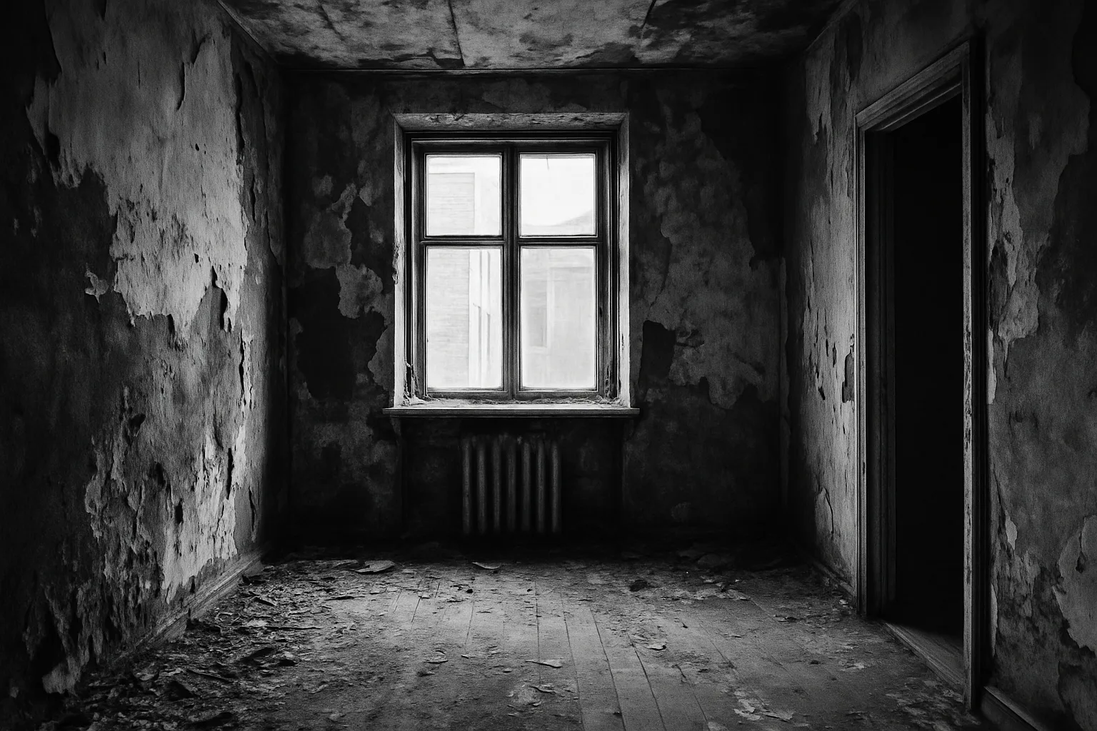 Apparence intérieure d'un appartement abandonné en noir et blanc, montrant des dégâts visibles