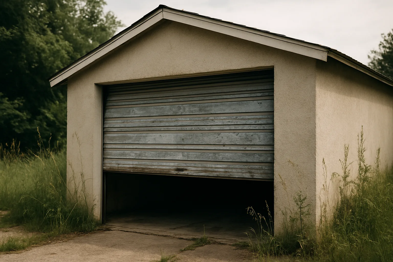 Garage avec porte métallique entrouverte et herbes autour, nécessitant réhabilitation après occupation.