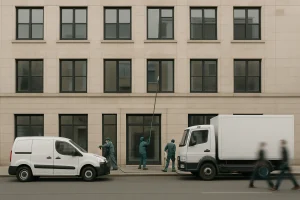 Une équipe de nettoyage professionnelle travaille à l'extérieur d'un immeuble après l'évacuation de squatteurs.