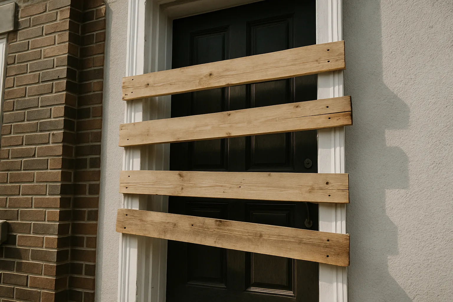 Porte d'entrée barricadée avec planches en bois pour sécuriser un logement avant nettoyage