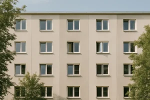 Façade d'un immeuble résidentiel avec fenêtres ouvertes, lumière du jour
