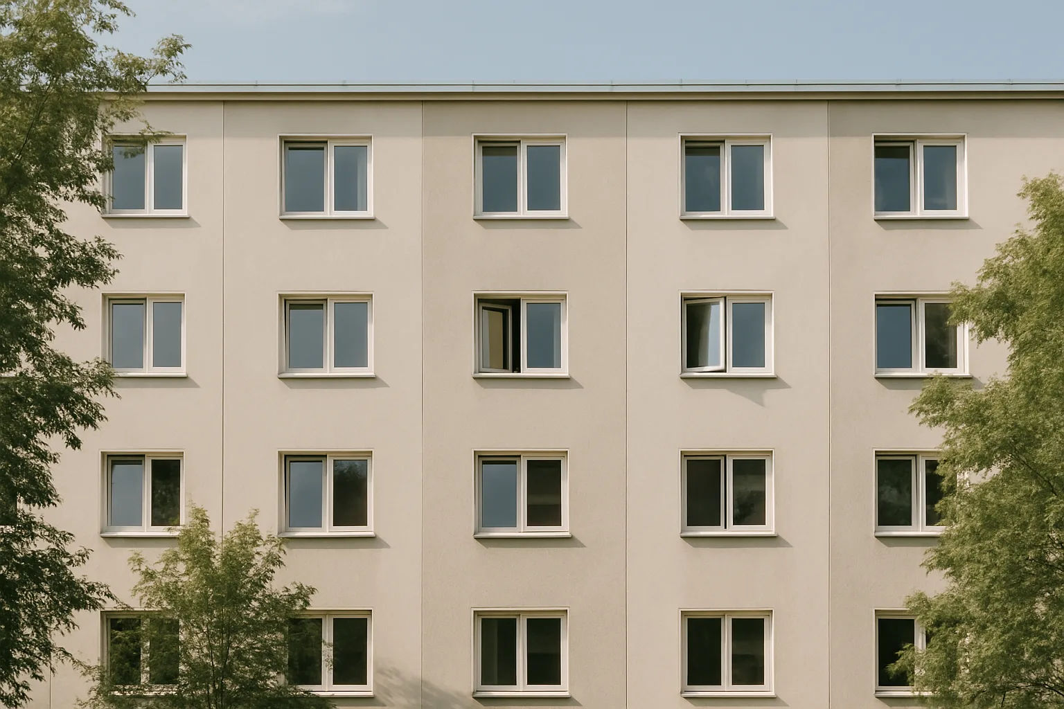 Façade d'un immeuble résidentiel avec fenêtres ouvertes, lumière du jour