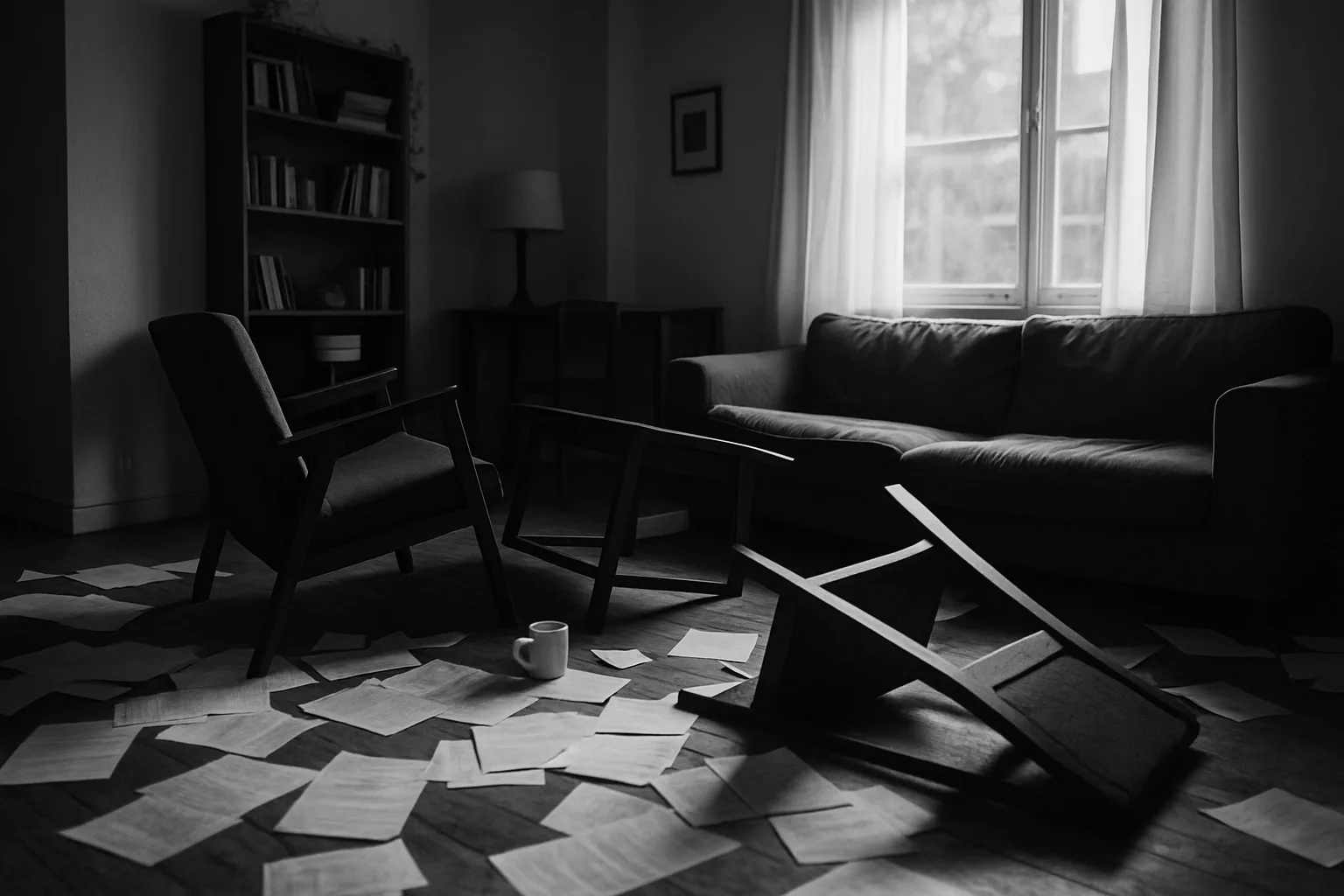 Appartement désordonné avec meubles renversés et papiers au sol, lumière naturelle.