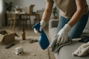 Mains gantées nettoyant un appartement squatté avec des outils, espace en désordre