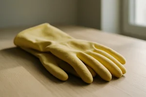 Gros plan sur des gants de nettoyage usés posés sur une table, éclairés naturellement