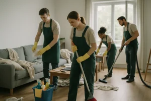 Équipe de nettoyage en action dans un appartement désordonné après un squat, avec outils visibles.