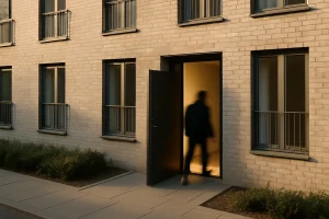 Un immeuble résidentiel avec la porte ouverte pour désinfection post-squat