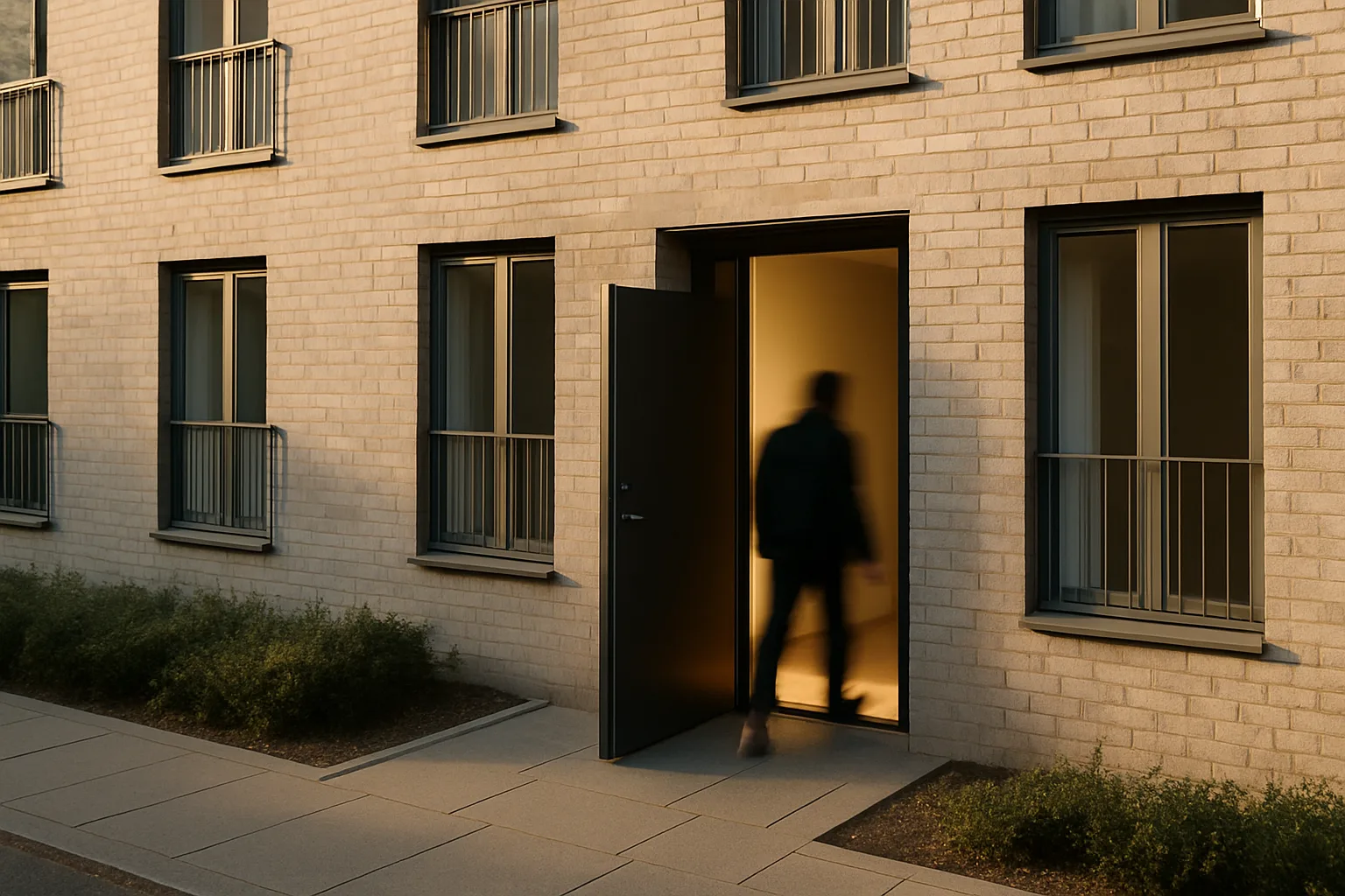 Un immeuble résidentiel avec la porte ouverte pour désinfection post-squat