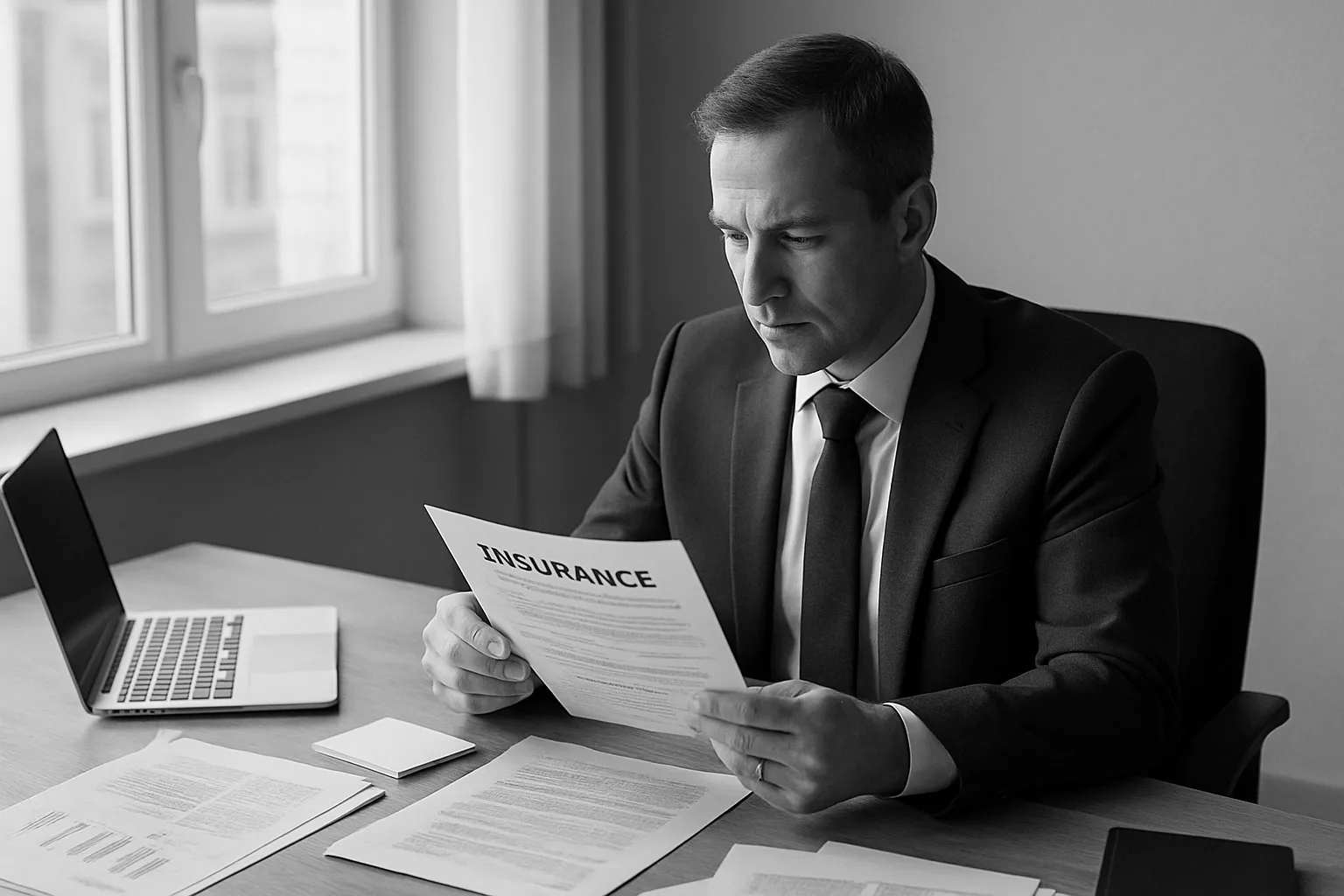 Assureur examinant un contrat d'assurance habitation, documents sur le bureau