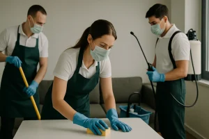 Équipe de nettoyage et dératisation en cours, portant des gants et des masques.