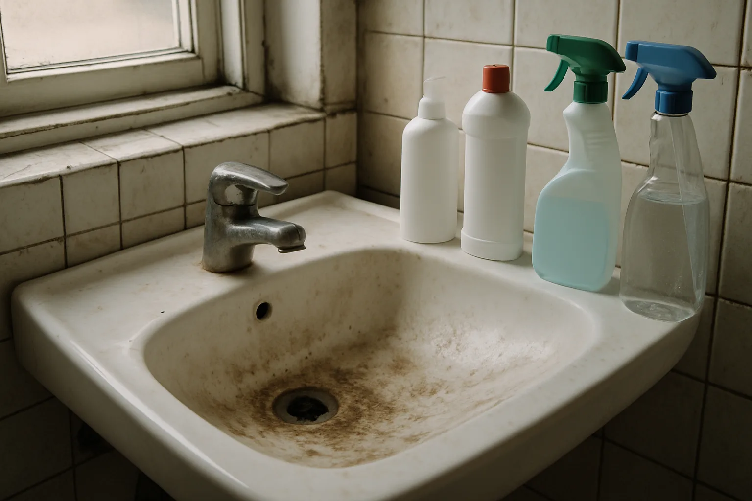 Évier de salle de bain sale avec des produits désinfectants à côté, carrelage en arrière-plan