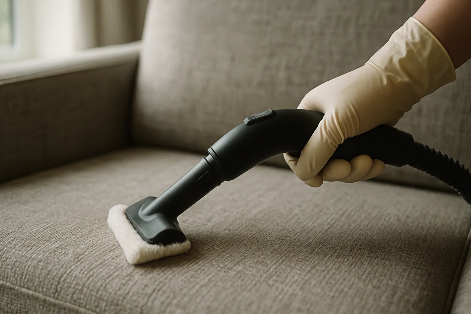 Gros plan d'une main gantée nettoyant un canapé avec un nettoyeur à vapeur