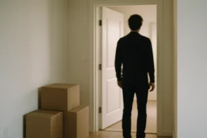 Silhouette de dos devant une porte d'appartement avec cartons au sol, lumière douce.