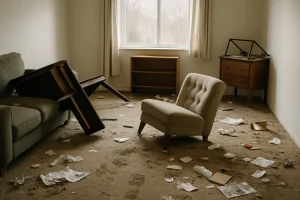 Intérieur d'une pièce avec meubles renversés et détritus après un squat prolongé.