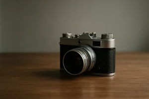 Vieil appareil photo sur une table en bois, lumière latérale douce.