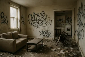 Appartement dégradé avec graffitis, mobilier renversé et débris au sol.