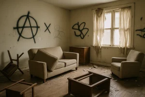 Appartement saccagé avec des meubles renversés et des graffitis, éclairé par une lumière douce.