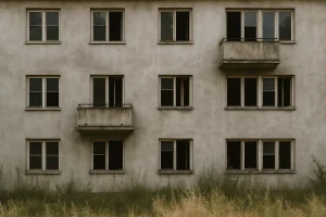 Vue d'extérieur d'un bâtiment abandonné après expulsion de squatteurs, lumière du jour