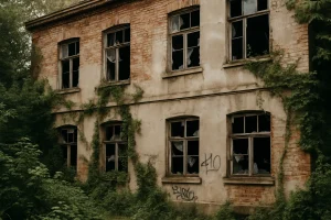 Vue d'un bâtiment délabré avec fenêtres brisées et graffiti