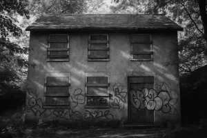 Maison squattée en noir et blanc avec fenêtres barricadées et graffitis.