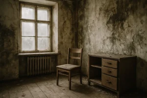 Intérieur abandonné avec murs moisis, lumière douce éclairant la pièce