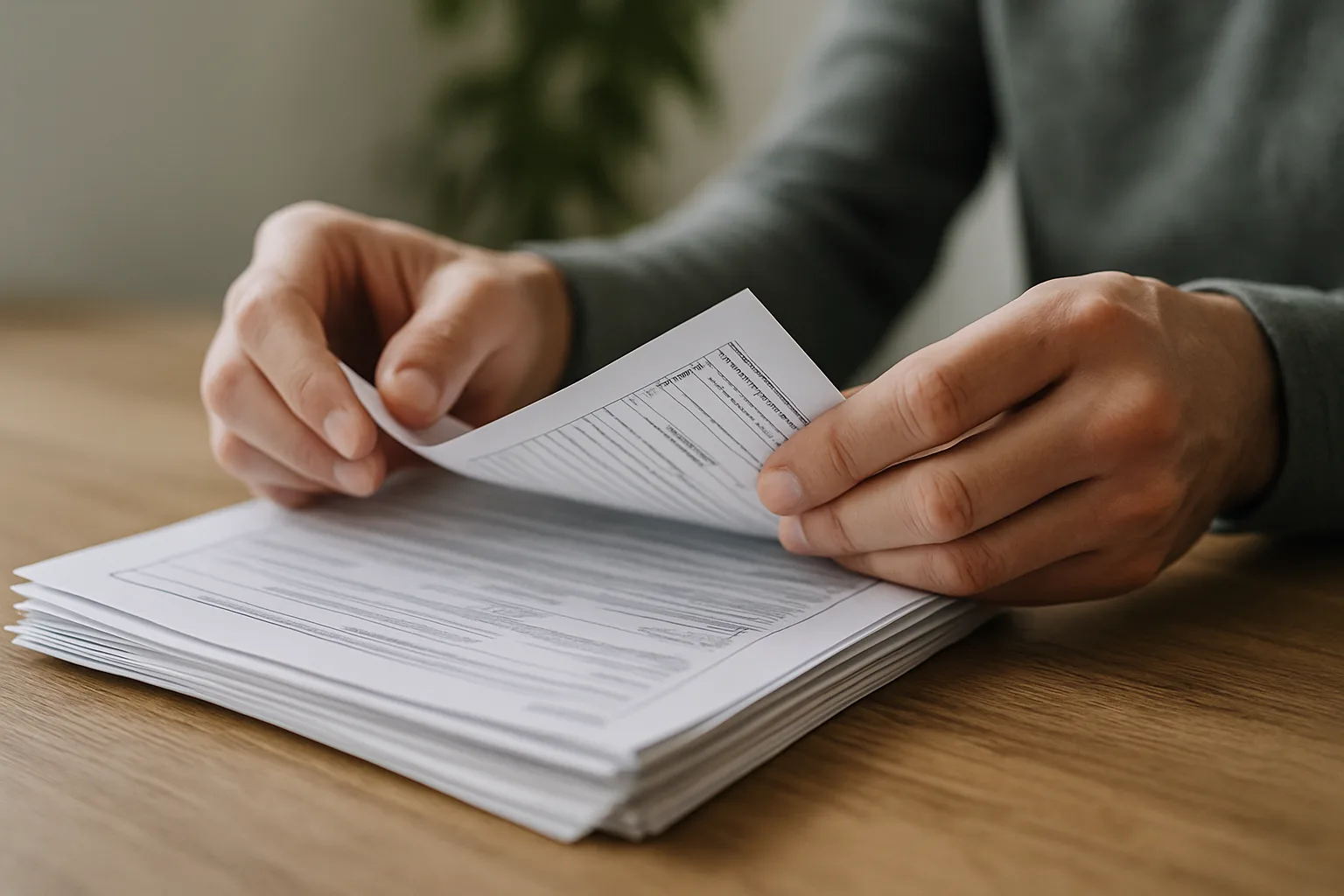 Mains feuilletant des documents administratifs sur une table en bois, lumière naturelle.