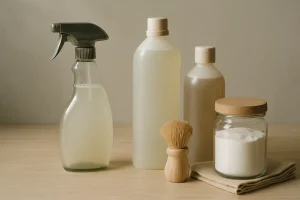Flacons et bouteilles de produits de nettoyage écologiques sur une table.