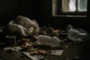 Détritus et objets éparpillés sur un sol sombre, avec une lumière naturelle filtrant par une fenêtre.