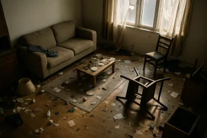 Appartement en désordre avec meubles renversés et détritus après un squat