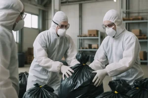 Des ouvriers en tenue de protection manipulent des sacs de déchets dangereux dans un entrepôt.