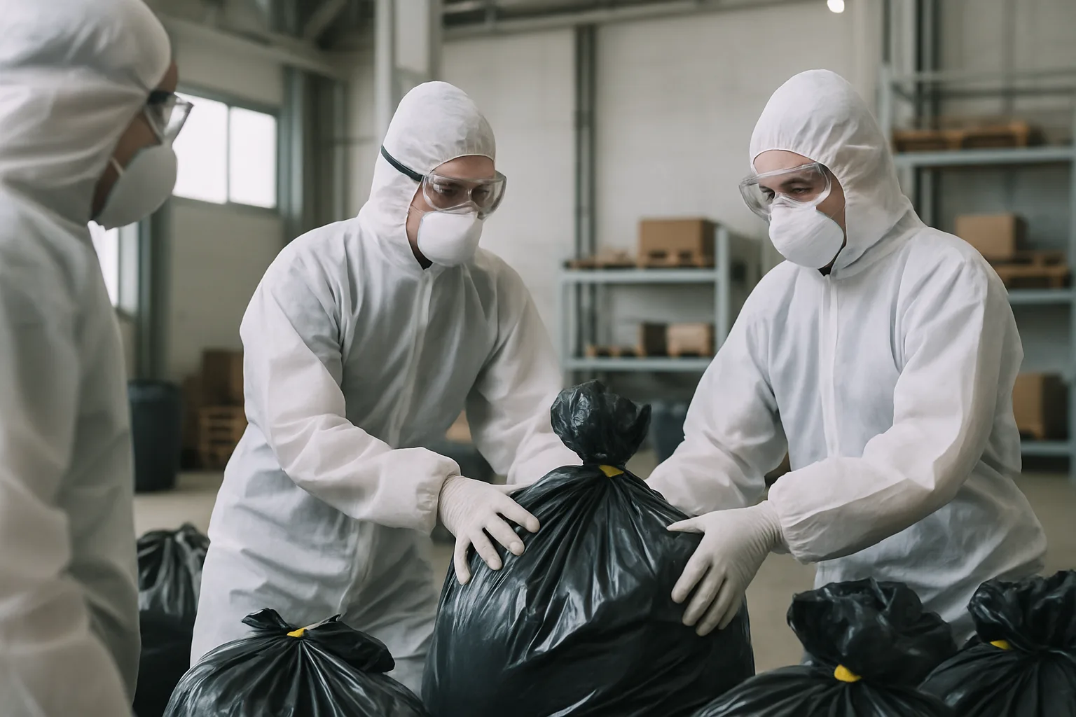 Des ouvriers en tenue de protection manipulent des sacs de déchets dangereux dans un entrepôt.
