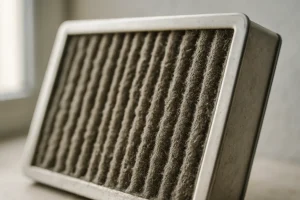 Gros plan sur un filtre de ventilation encrassé, montrant sa texture poussiéreuse.