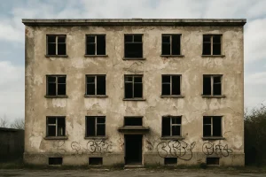 Façade d'immeuble délabrée avec graffitis, signe d'occupation illégale.