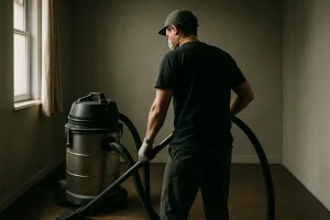 Une personne de dos portant un masque et des gants utilise un aspirateur industriel dans un appartement.