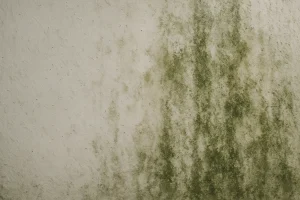 Mur avec des traces d'humidité verdâtres, éclairage naturel, texture visible